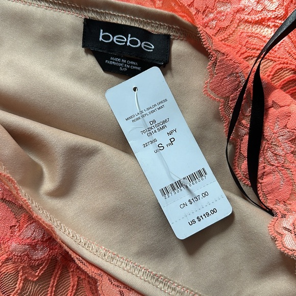 Bebe One Shoulder Lace Bandage Bodycon Dress S Bright Coral Pink NWT - Picture 5 of 14